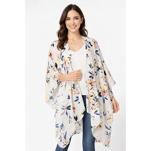 Karen Kane Womens Floral Kimono Wrap Open Front Coverup Cream Multi M/L Boho